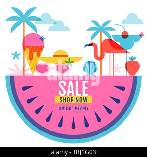Summer sale banner design. Vector illustration of tropical landscape with palms, flamingo, sunglasses, cocktail and ice cream on piece of watermelon. Stock Vector