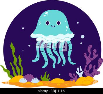 Cute Jellyfish character with algae and seabed on dark blue background. Vector illustration. Kids collection in a flat style Stock Vector