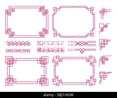 Chinese frame. Oriental asian, japanese decorative lattice, china ornament pink corner. Tradition shapes. Borders and curve dividers for graphic design, symmetry rectangle motif. Vector elements set Stock Vector