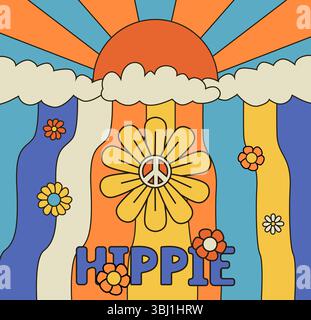 Hippie poster. Cartoon psychedelic banner. Colorful hippy symbols and peace sign. Striped abstract background. Daisy flowers. Sun rays. Rainbow sky. Retro 60s placard. Vector nostalgic surreal card Stock Vector