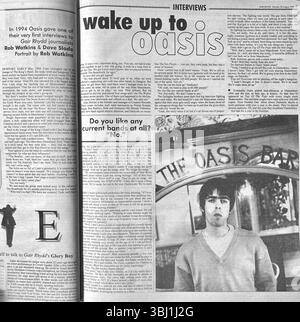 NEWS CUTTING, YOUNG, LIAM GALLAGHER, INTERVIEW, 1994: A newspaper cutting from the Cardiff University newspaper Gair Rhydd of a very early career interview with Liam Gallagher of the rock band Oasis. In the interview he talks about his family, his brother, his hopes for fame and he even slags off the band Ride – members of whom join Oasis later. It was very rare for his PR company to put Liam up alone for an interview. This interview happened this way because Liam and Noel had an argument at the soundcheck earlier in the day over a change to the opening lyrics to the song 'Shakermaker'. Stock Photo
