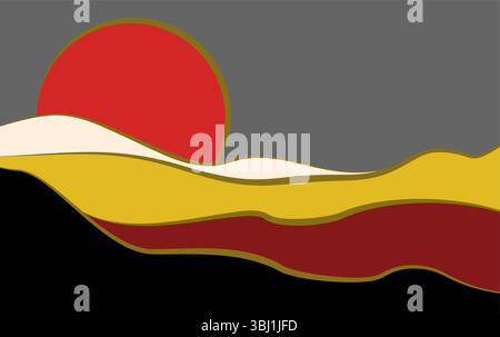 Modern abstract minimalist landscape posters Hills fields and sun flat color vector Stock Vector