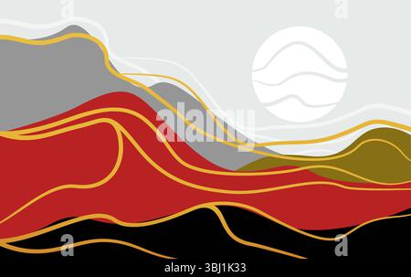 Creative minimalist landscape with vector illustration of sunset on mountain hill combined with golden color line strokes Stock Vector