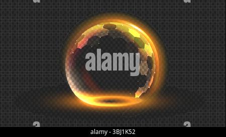 Gold sphere shield hexagon. 3d energy protect background. Tech ball dome effect with honeycomb pattern. Energy light circle force field barrier. Abstr Stock Vector