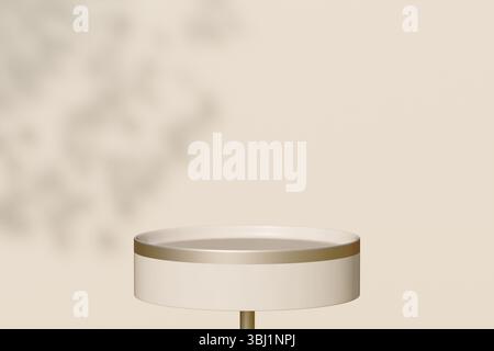 A minimalist beige round table stands empty with soft shadows on a plain wall background. 3d rendering Stock Photo