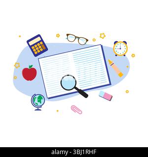 Open Notebook with Red Apple, Blue Calculator, Yellow Clock, and Brown Glasses for Learning Essentials Stock Vector