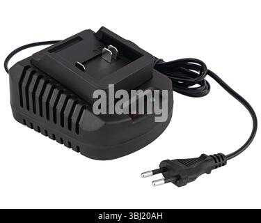 Power adapter for charging cordless tool batteries. on white background. Ideal for screwdrivers, bolt cutters and lawnmowers. Stock Photo