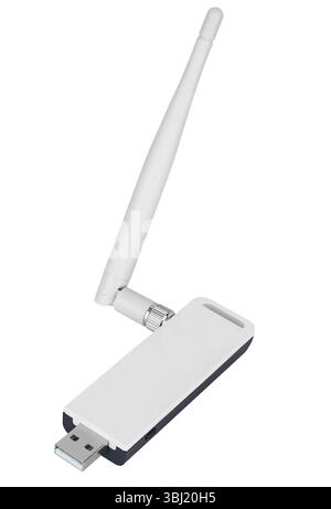 White Wi-Fi adapter with USB and external antenna. On white background. Suitable for laptops, desktops, stable connection. Stock Photo