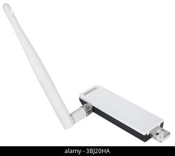 USB Wi-Fi adapter with antenna, white color. Compact solution for wireless connection of devices. Stock Photo