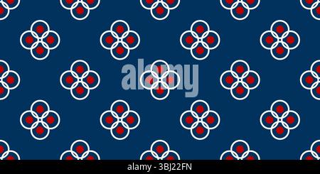 Simple seamless pattern of floral elements. Ornament of repeating circles. Red, white circular motifs on dark blue background. Floral geometry folk or Stock Vector