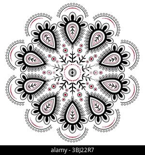Black red mandala vector illustration. Ornamental round lace pattern of curved lined. Folklore ornament with leaves and flowers. Ethnic tattoo design. Stock Vector