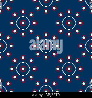 Red, white circular motifs on dark blue background. Simple seamless pattern of floral elements. Ornament of repeating circles. Floral geometry folk or Stock Vector