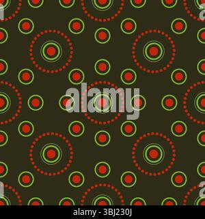 Dark green seamless pattern with floral round elements. Red, green circular motifs on dark background. Geometric delicate design. Traditional bright o Stock Vector