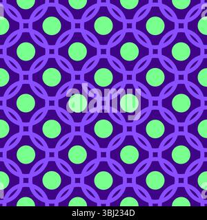 Bright geometry seamless pattern of round elements. Neon green and purple circular motifs on dark background. Traditional ornament in country style fo Stock Vector