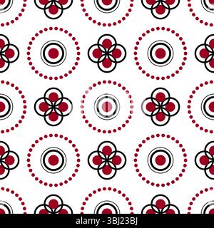 Seamless pattern of round elements. Ornament of repeating circles and dots. Red, black circular motifs on white background. Floral geometry folk ornam Stock Vector