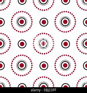 Seamless pattern with round elements. Ornament of repeating circles and dots. Red, black circular motifs on white background. Traditional geometry fol Stock Vector