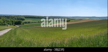Wide panorama of German countryside with green fields, forests, and hills on a bright spring day beneath a blue sky. Stock Photo
