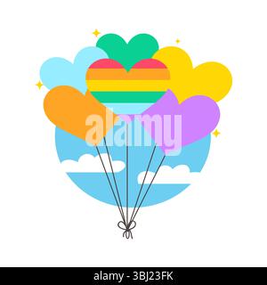 Colorful Heart Balloons Floating Against Blue Sky and Clouds with Sparkling Accents Celebrating LGBTQ Pride and Unity Stock Vector