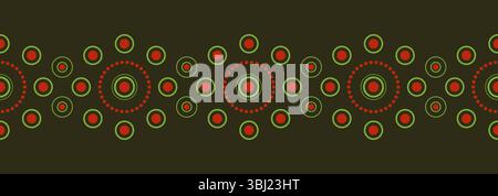 Dark green seamless border of floral round elements. Red, green circular motifs on dark background. Geometric delicate design. Traditional bright orna Stock Vector
