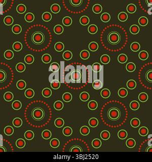 Dark green seamless pattern of round elements. Red, green circular motifs on dark background. Geometrical ethnic decor. Traditional bright ornament in Stock Vector