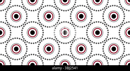 Seamless pattern of round elements. Ornament of repeating circles and dots. Red, black circular motifs on white background. Traditional geometry ethni Stock Vector