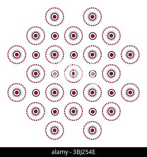 Geometric design element of circles. Folk ornament of repeating circles and dots. Red, black circular motifs on white background. Traditional geometry Stock Vector