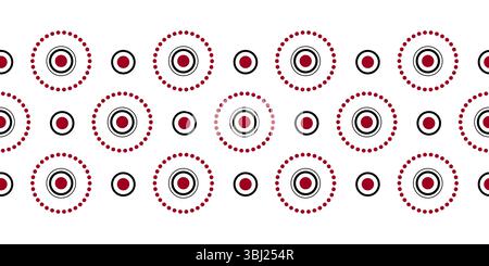 Seamless border of round elements. Ornament of repeating circles and dots. Red, black circular motifs on white background. Traditional geometry ethnic Stock Vector