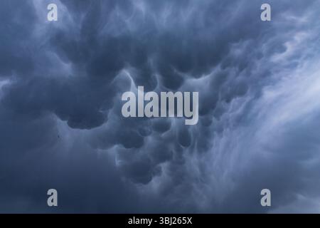 Ominous mammatus clouds form in the sky, signaling an approaching storm. The unusual pouch-like structures and dark gray tones create a powerful and e Stock Photo