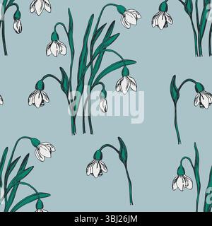 Seamless pattern with snowdrops flower with leaves. Floral hand drawn art ornament. Nature backdround Vector illustration for print, fabric, textile Stock Vector