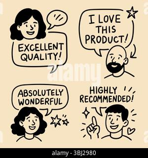 Doodle people with speech bubbles and positive review quotes set. Excellent quality, I love this product, absolutely wonderful, highly recommended. St Stock Vector