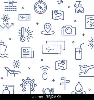 Monochrome seamless pattern of transport and travel icons, tourism and adventure symbols in blue line style, touristic background for decoration. Stock Vector