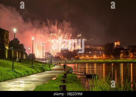 Fireworks show next to the Wawel Royal Castle during the Great Dragon Parade 2025. Krakow, Poland Stock Photo