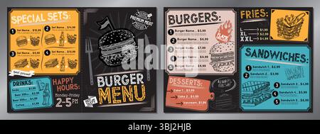 Vintage burger restaurant menu template - A4 card (burgers, sandwiches, french fries, desserts, drinks, sets) Stock Vector