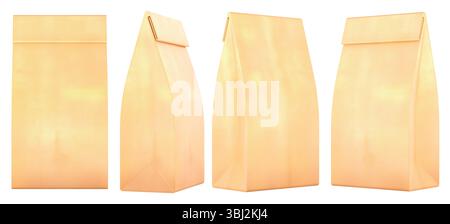 Kraft paper bags with folded tops, shown from different angles, 3d rendering isolated on white background Stock Photo