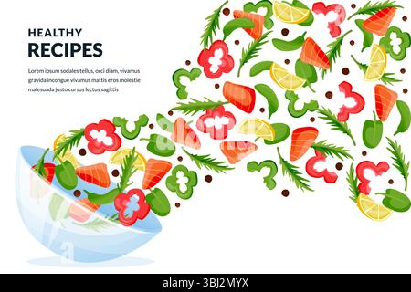 Salmon, greens and vegetables salad flying from glass bowl. Vector flat cartoon illustration. Healthy cooking recipes design elements. Food ingredient Stock Vector