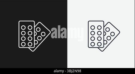 Tablet Blister Packs or Pill Strips on Black  and White Backgrounds, Representing Medicine or Pharmaceutical, White Outline Icon Stock Vector