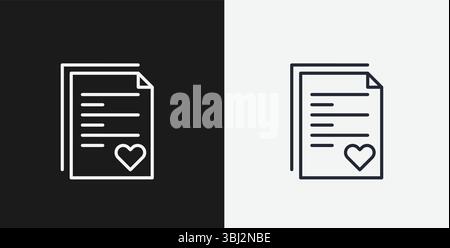 Wedding Certificate or Document with Heart and Text on Black and White Backgrounds, Representing Marriage or Love, White Outline Icon Stock Vector