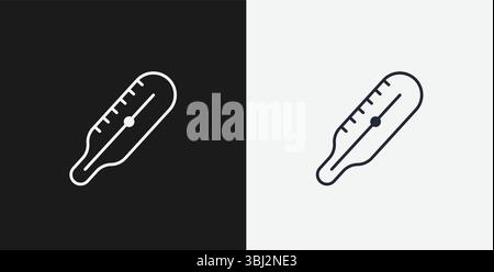 Medical Thermometer with Scale and Mercury on Black and White Backgrounds, Representing Temperature or Fever, White Outline Icon Stock Vector