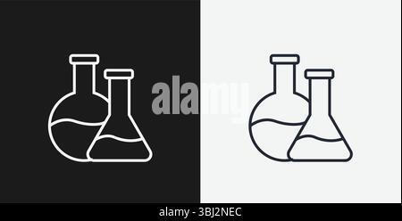 Two Laboratory Flasks (Round-Bottom and Erlenmeyer) on Black and White Backgrounds, Representing Science or Chemistry, White Outline Icon Stock Vector