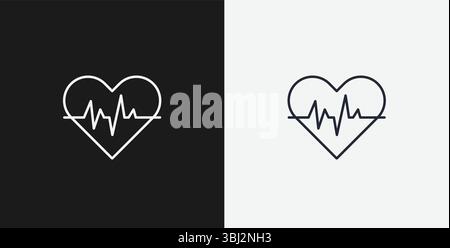 Heart with Heartbeat Line on Black and White Backgrounds, Representing Cardiology, Health, or Love, White Outline Icon Stock Vector