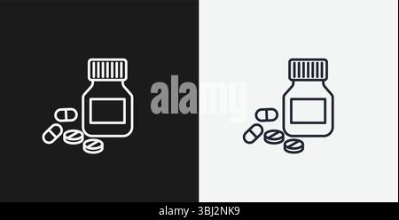Pill Bottle with Pills and Capsules on Black and White Backgrounds, Representing Medicine or Pharmacy, White Outline Icon Stock Vector