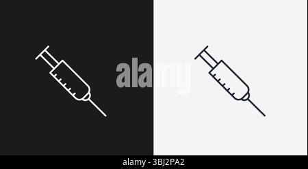 Syringe with Needle on Black and White Backgrounds, Representing Medical, Vaccination, or Injection, White Outline Icon Stock Vector