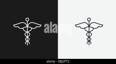 Caduceus Symbol with Wings and Staff on Black and White Backgrounds, Representing Medicine or Healthcare,  White Outline Icon Stock Vector