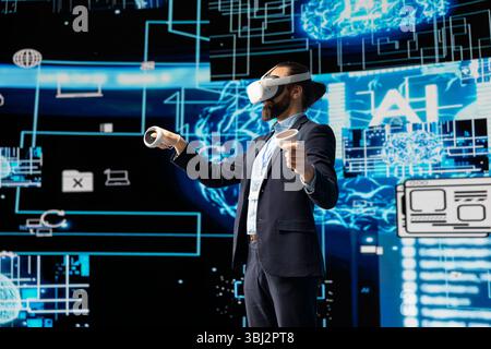 Business IT expert employs vr glasses and artificial intelligence brain, working on data visualization cybernetics within a futuristic interface for machine learning. High tech gadget for innovation. Stock Photo