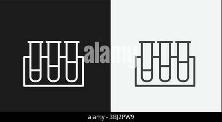 Three Test Tubes in a Rack on Black and White Backgrounds, Representing Laboratory, Research, or Chemistry, White Outline Icon Stock Vector