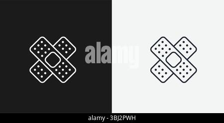 Crossed Medical Plasters or Band-Aids on Black and White Backgrounds, Representing First Aid or Healing, White Outline Icon Stock Vector