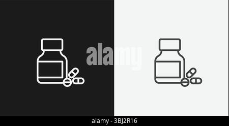 Medicine Bottle with Pills and Capsules on Black and White Backgrounds, Representing Pharmacy or Healthcare, White Outline Icon Stock Vector