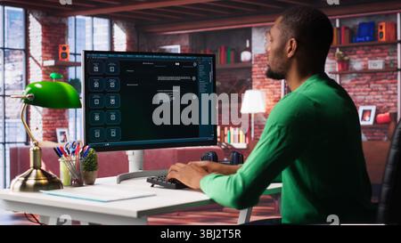 Remote worker uses conversational AI bot to help solve daily tasks, chatting with machine learning powered chatbot to generate data responses. Efficiency with AI assistant tool. Camera A. Stock Photo