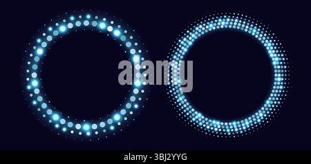 Blue halftone frames, glowing circle borders, round pattern with dots, radial disco luxury design element. Stock Vector