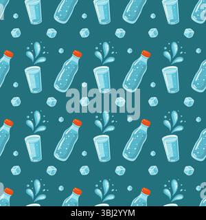 Seamless summer pattern with water bottles, glasses and ice cubes. Cartoon vector background. Stock Vector